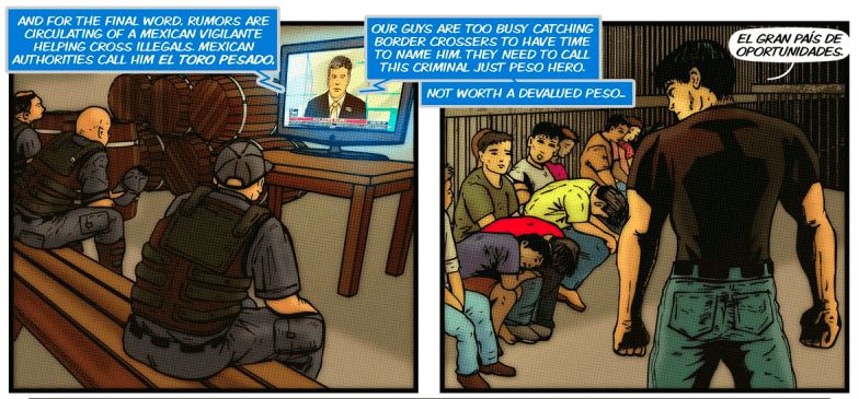 A comic book panel of geared-up officers watching a screen and a man addressing people in detention. 