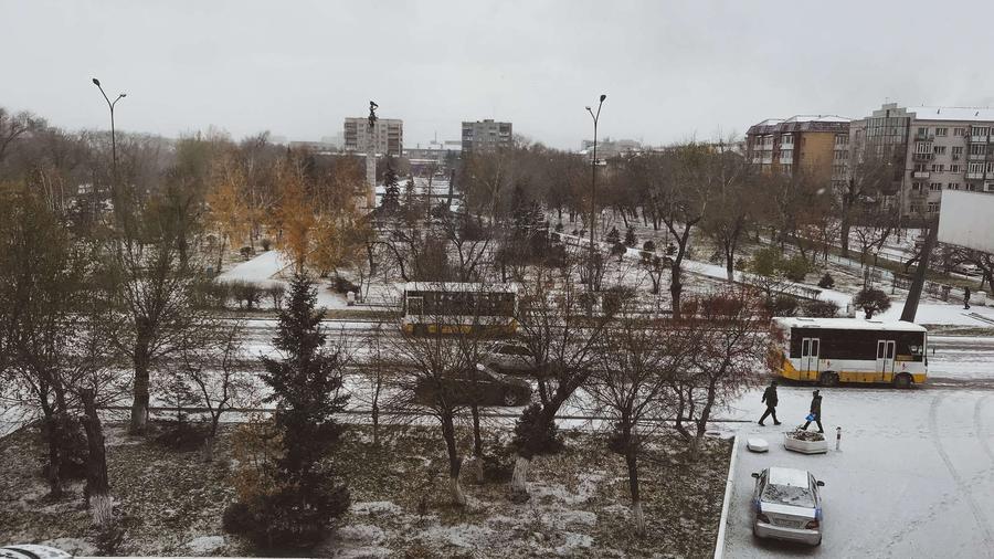 A snowy view of the town of Semrey, Kazakhstan. 