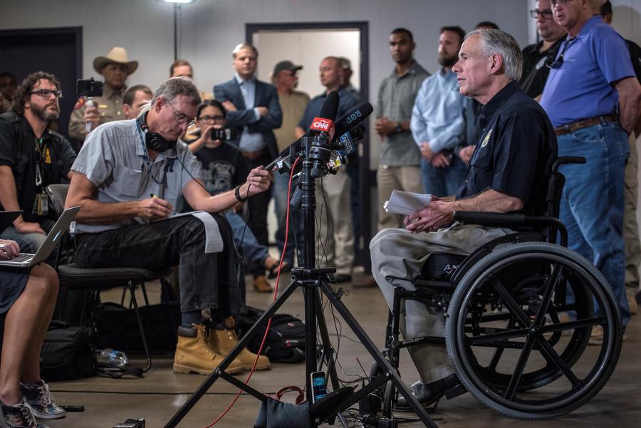 Texas Gov. Greg Abbott gives an update during a news conference at the Stockdale Community Center