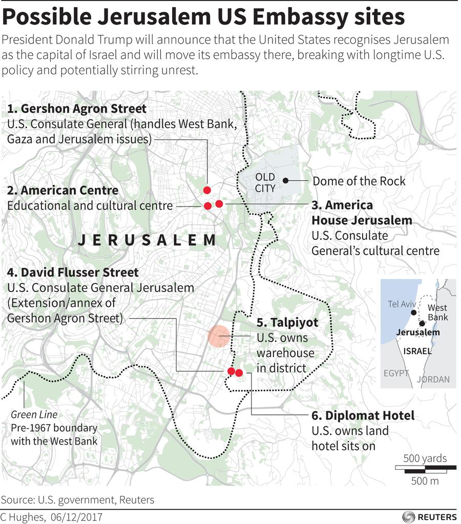 Map locating possible sites for the US embassy if it moves from Tel aviv to Jerusalem.