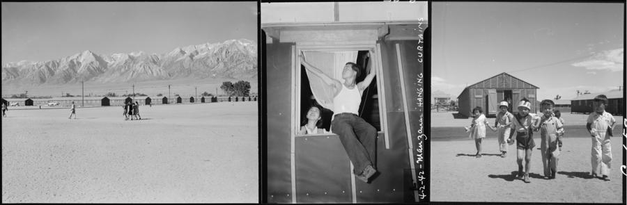 Three black and white photos of rows of barracks, a man hanging a curtain on a wooden frame, children running in front of one housing unit