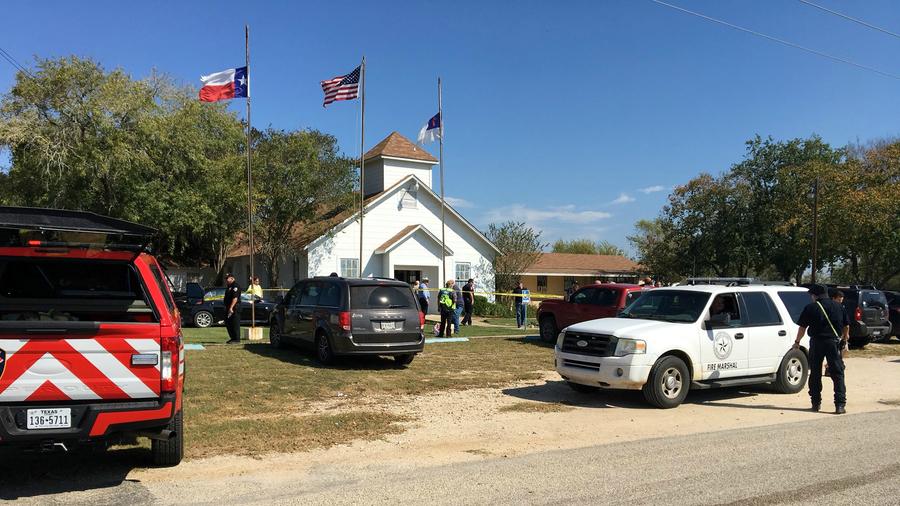 The area around a site of a mass shooting is taped off in Sutherland Springs, Texas, Nov. 5, 2017, in this picture obtained via social media.
