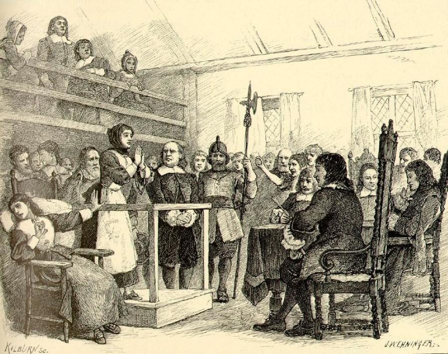 An illustration of a woman pleading in a courtroom