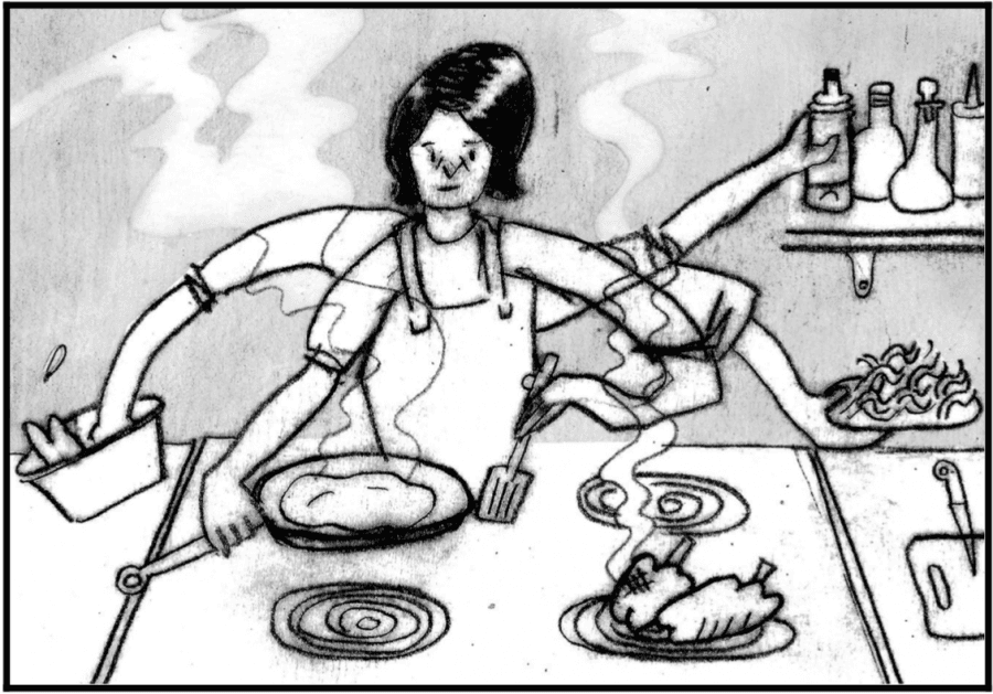 A comic of a woman frantically cooking 