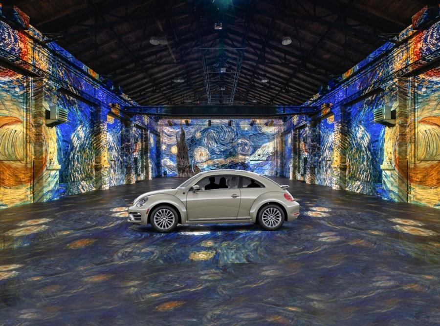 a image simulation of Van Gogh art projected in a room with a car in the center 