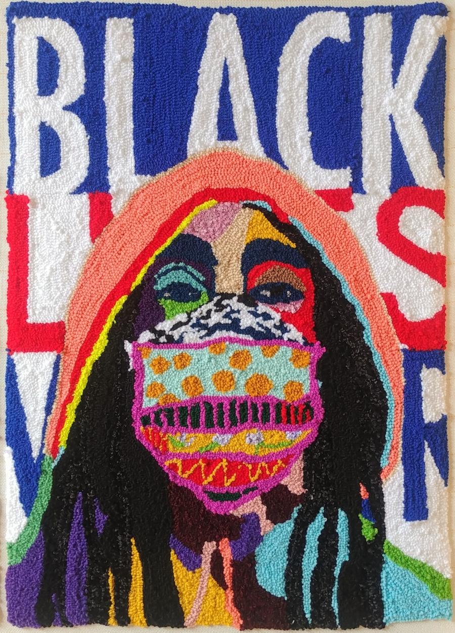 A piece of visual art alluding to Black Lives Matter, featuring a person in a mask
