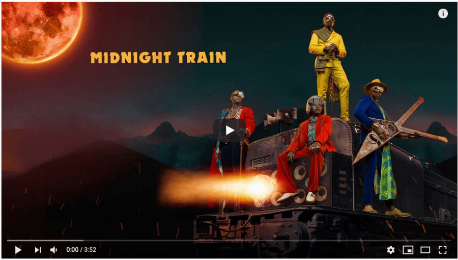 Four musicians on a train-like construction in an album cover for Midnight Train