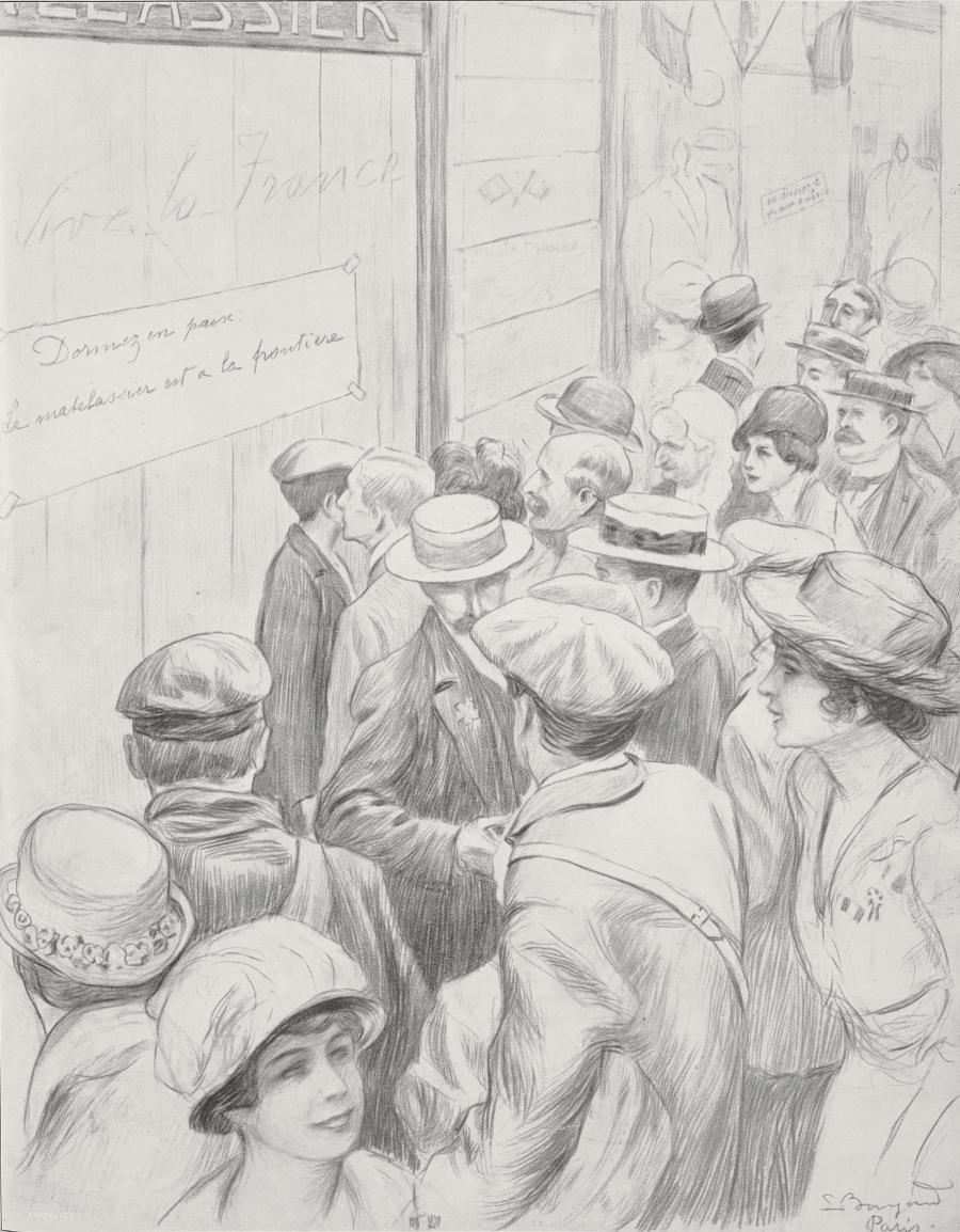 A drawing of a crowd of people in front of closed shops. 