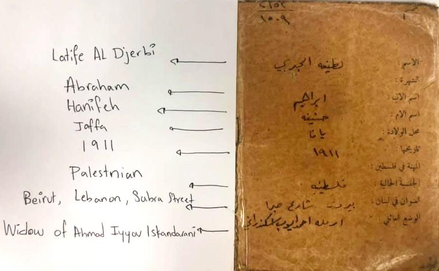 The identity card for Iskandarani's great-grandmother, Latife Djerbi, which was found in a folder of family history documents in Beirut.