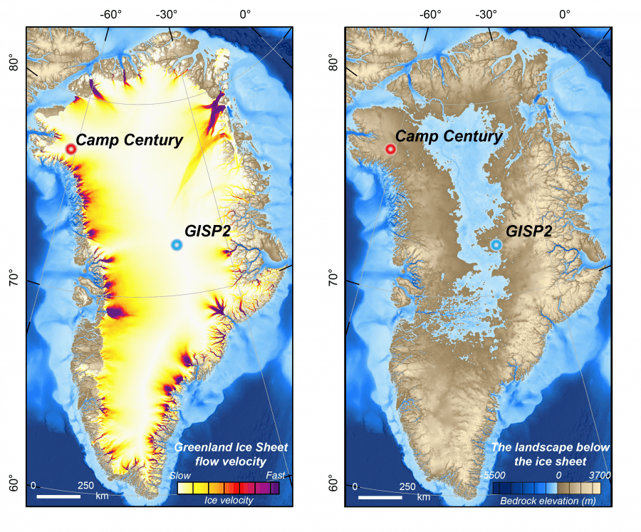 Maps of Greenland show the speed of the ice sheet as it flows (left) and the landscape hidden beneath it (right). BedMachine v3; Copernicus Climate Change Service (C3S)
