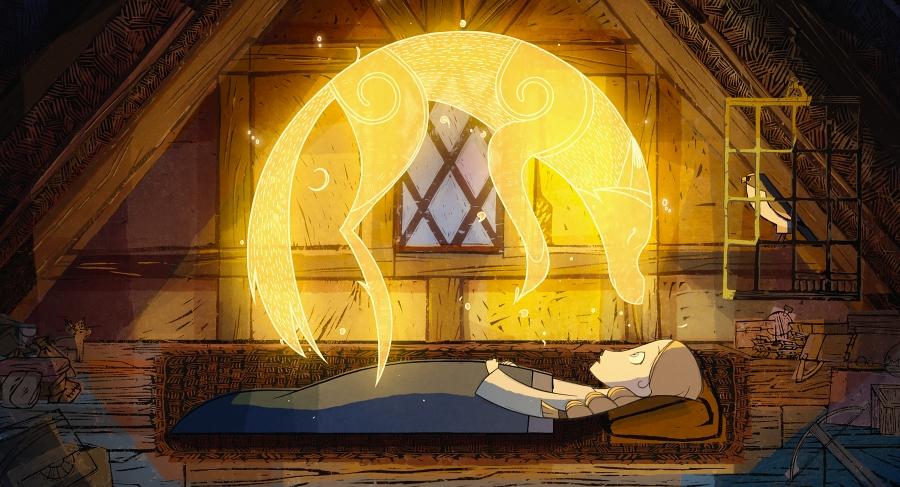 Animation of girl lying on a bed looking up at an imaginary lit-up wolf above her