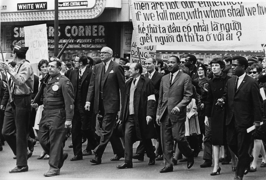 Martin Luther King Jr. leads the march against the Vietnam conflict in a parade on State Street in Chicago on March 25, 1967. 