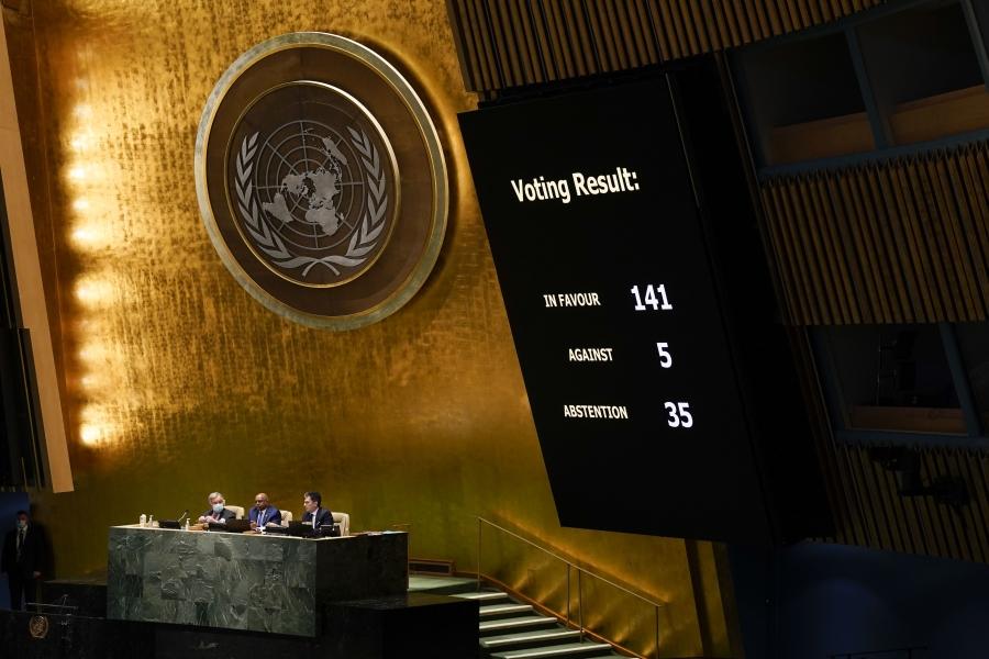 The results of a vote on a resolution concerning Ukraine are displayed during an emergency meeting of the General Assembly at United Nations headquarters on March 2, 2022. 