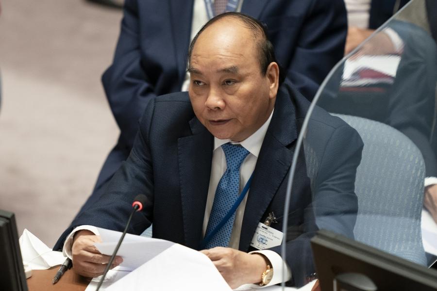 Nguyen Xuan Phuc, president of Vietnam, speaks during a meeting of the United Nations Security Council in September 2021. 