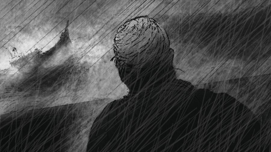 Black and white illustration of a man looking out at a boat in a sea storm