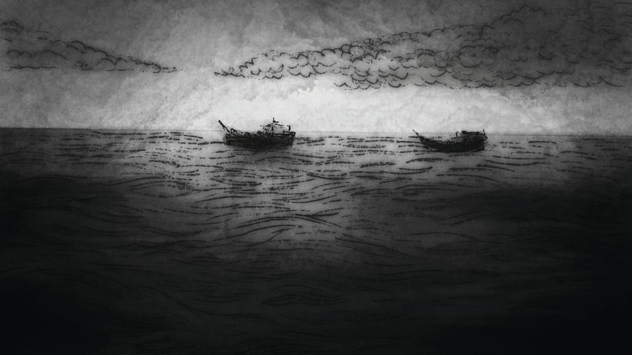 Black and white illustration of two boats at sea on the horizon line