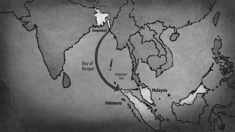 Black and white illustration of a map that show the boat route from Bangladesh to Malaysia