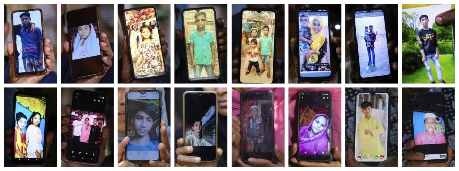 A collage of cellphone that show the photos of missing people from Bangladesh