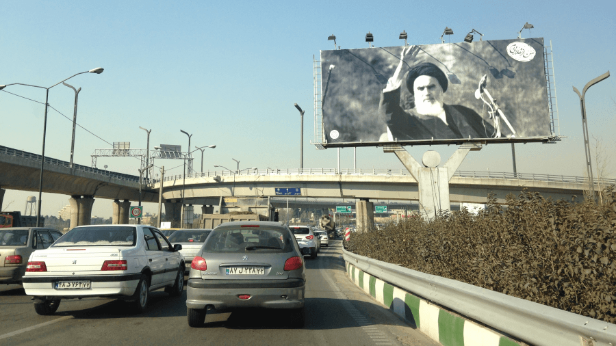 Just after the anniversary of the Islamic Iranian revolution, a billboard in Tehran displays a photo of the supreme leader.