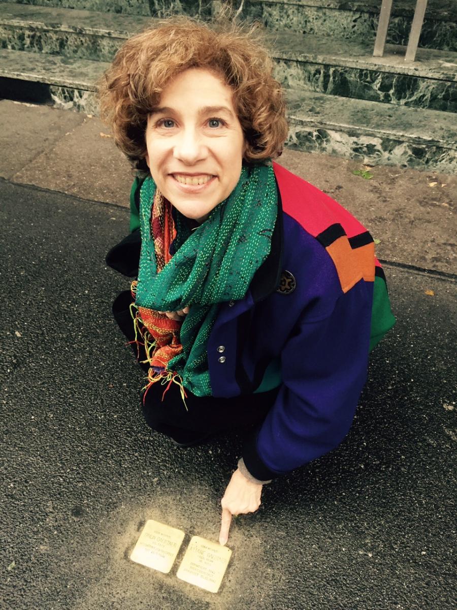 Naomin Lewin points to the newly laid stolperstein or stumble stone in memory of my great-grandmother, Juliane Gaertner.