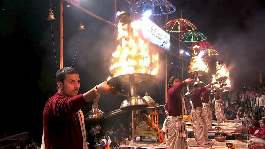 Aarti, a lamp ceremony, performed in the city of Varanasi in India.