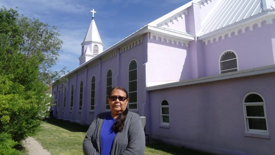 Marie Kills in Sight outside the St Francis Mission in Rosebud, South Dakota.