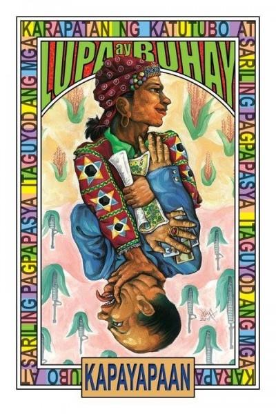“Lupa ay Buhay” means “Land is Life”. “Kapayapaan” means peace. The text at the borders of the painting reads: Respect the rights of indigenous peoples and their right to self-determination. Painting by Federico Boyd Sulapas Dominguez.