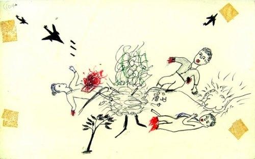 Drawing of bodies hit by bombs
