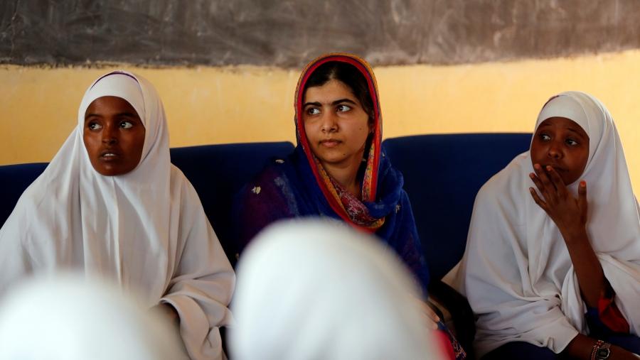 Pakistani Nobel Peace Prize laureate Malala Yousafzai attends celebrations to mark her 19th birthday at the Nasib Secondary School in Ifo2 area of Dadaab refugee camp near the Kenya-Somalia border, July 12, 2016.