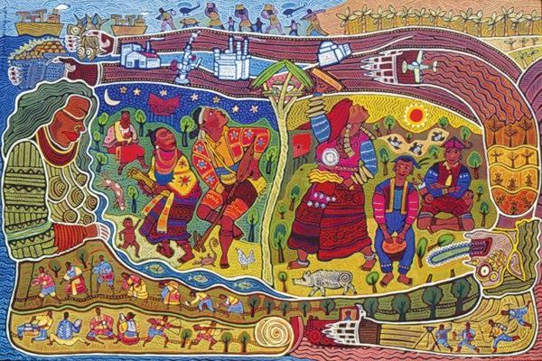 “Mandayuman” is a Lumad Mandaya term for where people live. A mini mural showing two major rituals of two different groups. Right part are the Lumad Mandaya (Balilig) and on the left are the Lumad Matigsalog (Panubad tubad). Artwork by Federico Boyd Sulap