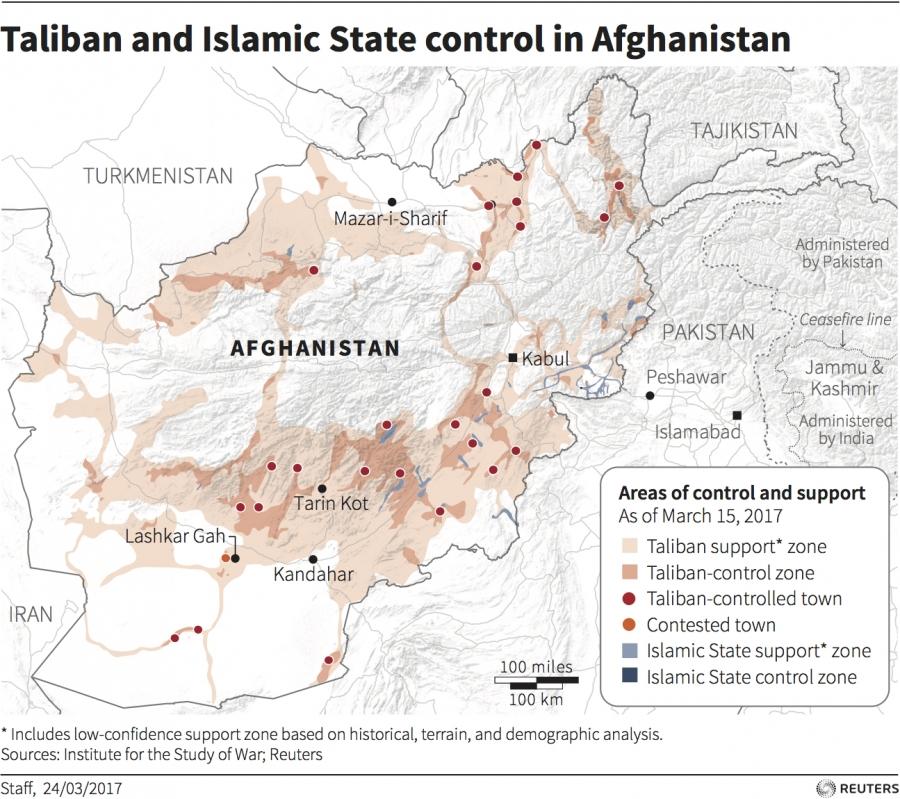 Map showing Taliban and ISIS control in Afghanistan
