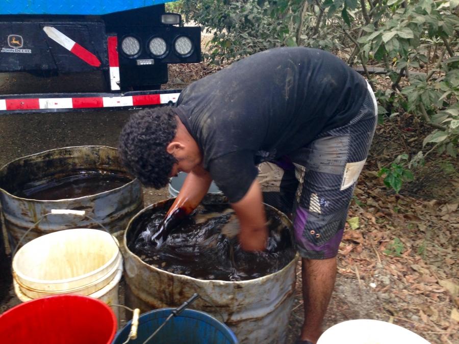 Worker mixing molasses and water
