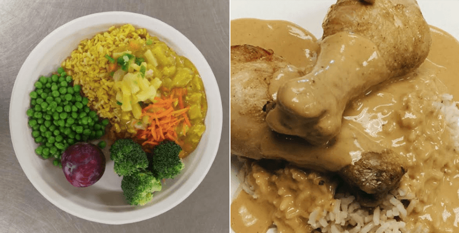 Left, a bowl with yellow rice and vegetables. Right, Chicken with curry over rice.