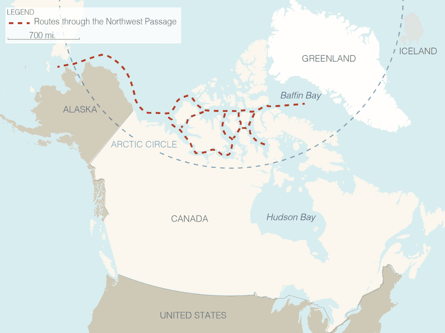 This map shows the open water of the far north, above the Arctic Circle. Dotted red lines represent the possible routes through the islands for ships. This is the Northwest Passage.