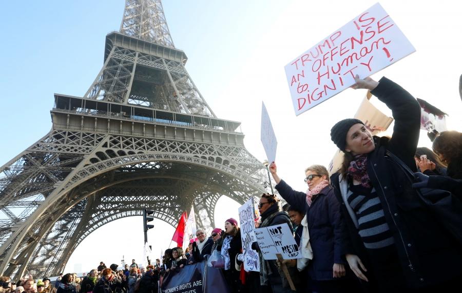 Protesters take part in the Women's March in Paris, France, January 21, 2017.