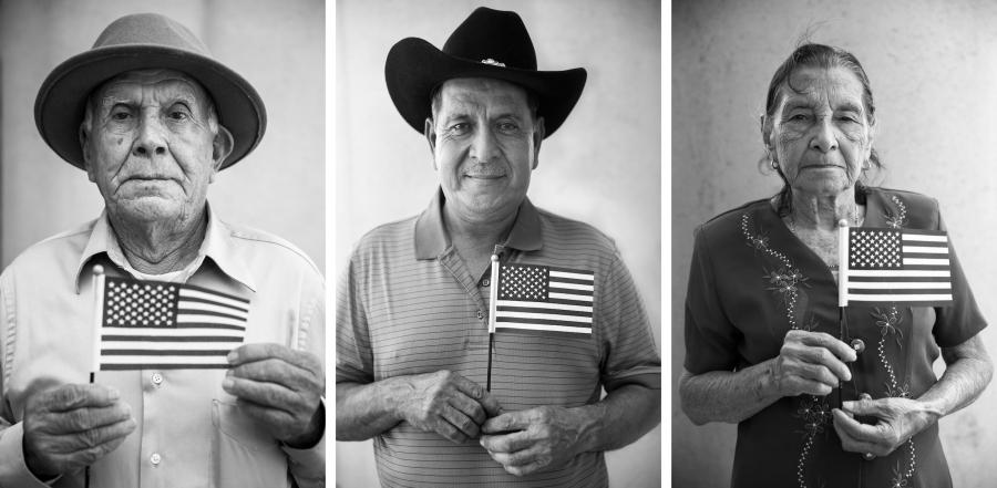 Three portraits of people holding small American flags