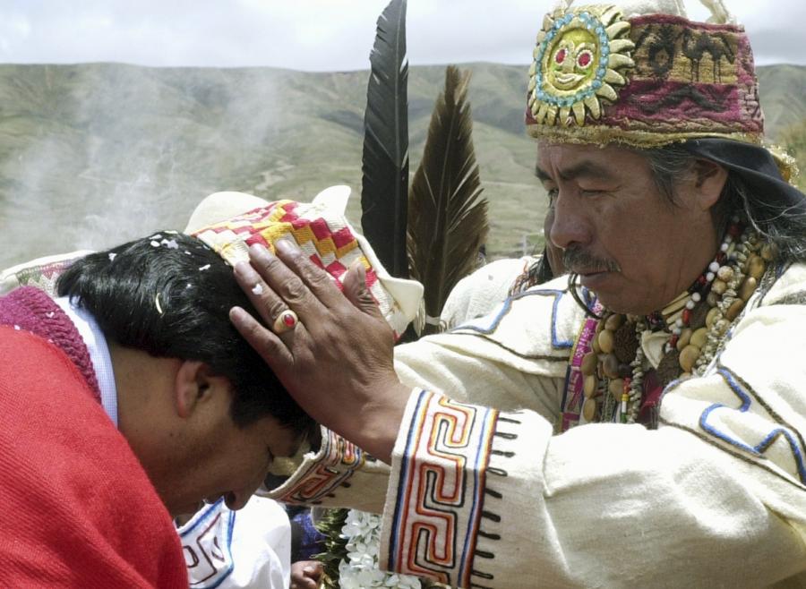 Bolivian President Evo Morales (L) is blessed by Aymara priest Valentin Mejillones during a ceremony at Tiawanaku, a pre-Columbian archaeological site about 40 miles west of La Paz, in 2006. The Aymara people, of which Morales is a member, are the descend