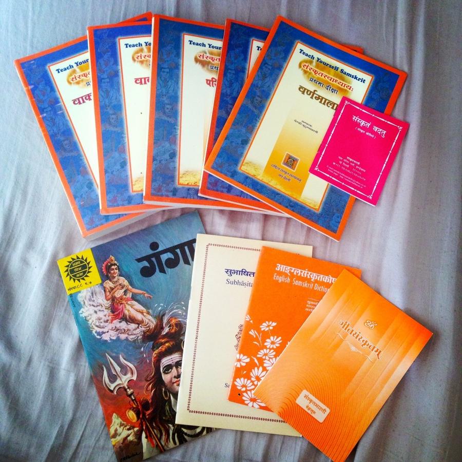 Sanskrit textbooks, songbooks and a comic book.