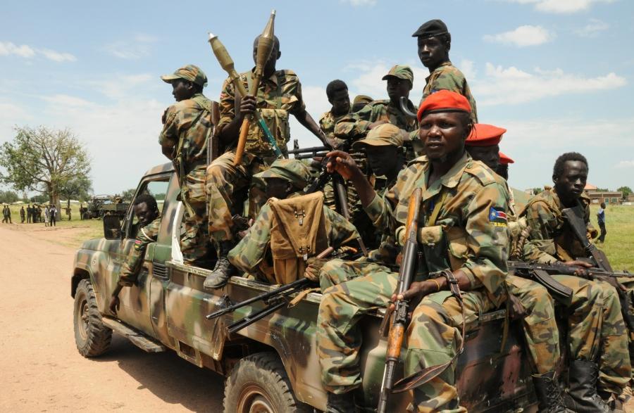 Sudan People's Liberation Army forces patrol near Malakal, South Sudan, Oct. 16, 2016.