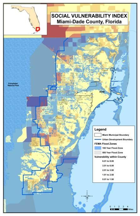 Miami-Dade County contains some of the most populated cities in Florida. The population, proximity to the sea and topography combine to make this county particularly vulnerable to sea level rise. 