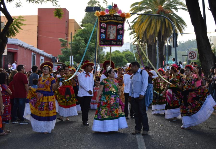 A delegation taking part in this year's People's Guelaguetza parades through the streets.