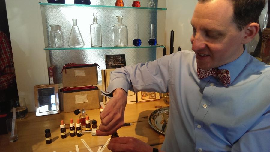 Hiram Green shows off some of the raw essences that go into his perfumes. He's at Twisted Lily, a fragrance boutique in Brooklyn. 