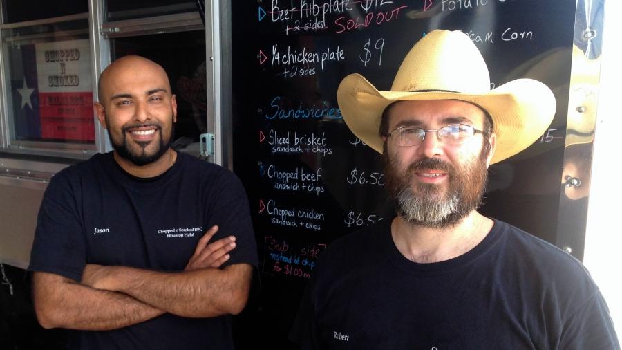 Jason Bones (left) and Robert West are co-owners of Chopped n Smoked halal Texas BBQ, a food truck business based in Sugar Land, Texas. 