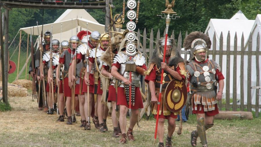 Re-enactors portraying Roman soldiers of the first century.