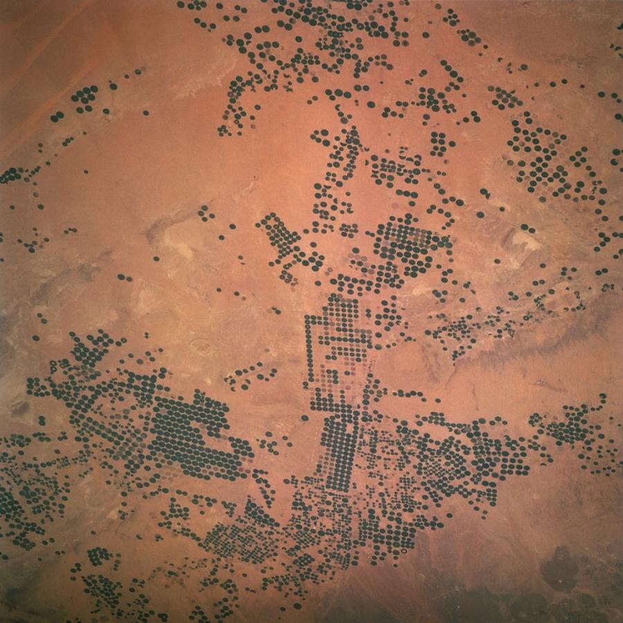 A photo of the irrigation technique used in Saudi Arabia captured from the US Space Shuttle Columbia in 1997.
