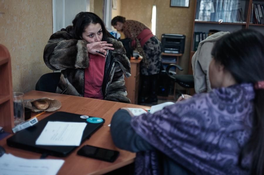 Irina. 28, (left) fled the war from Enakievo, a town now under separatist control in eastern Ukraine. She is an intravenous drug user and receives substitution therapy which was made illegal by separatists.