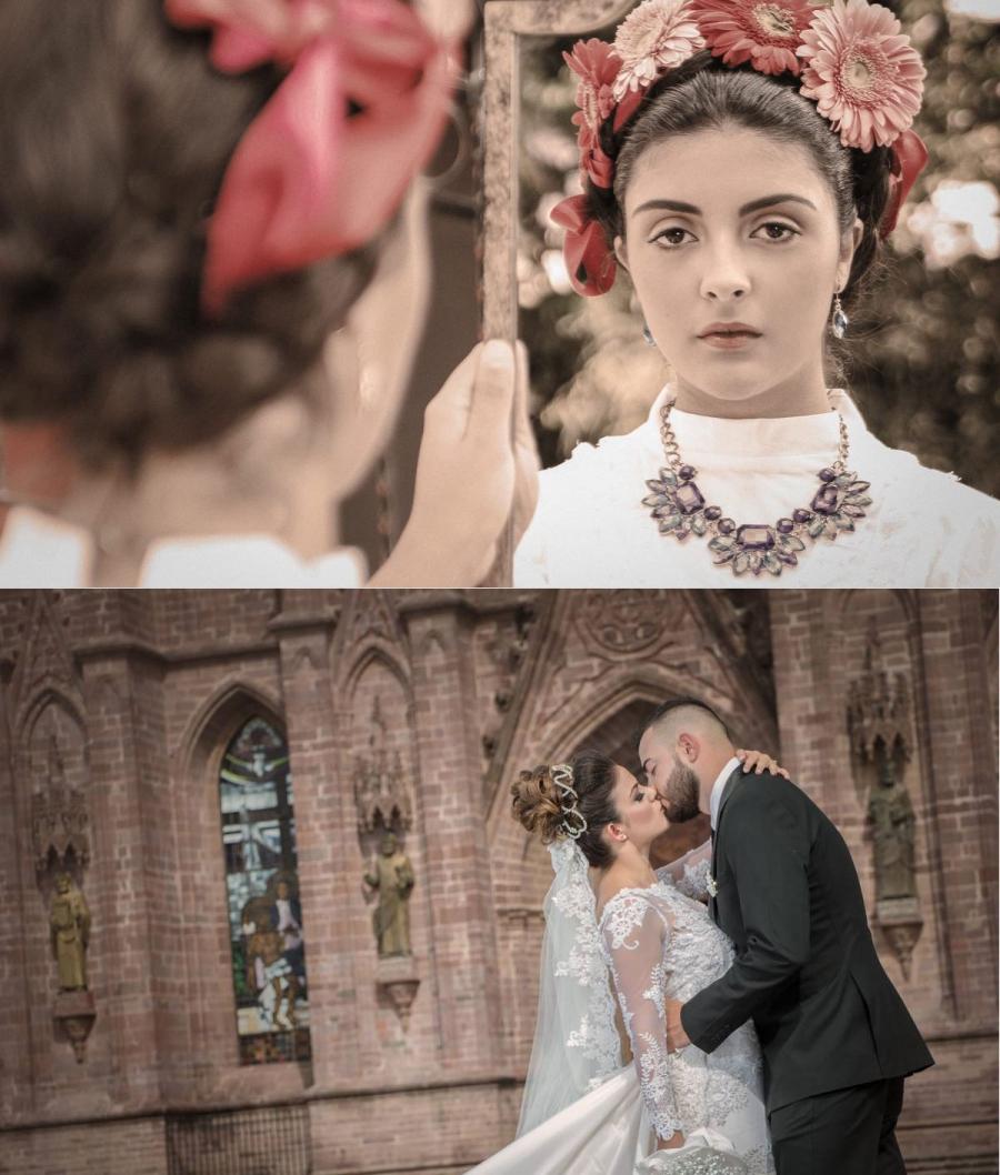Two posed portraits of woman with flowers in hair looking at a mirror, and below a couple just married kiss in front of cathedral