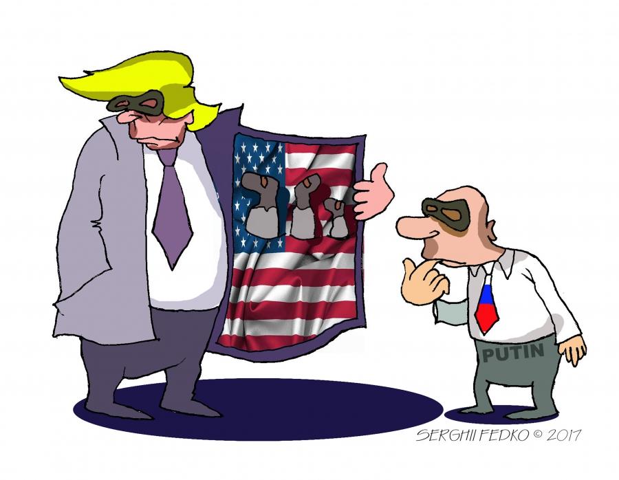 cartoon of Trump opening his coat to Putin, sharing information