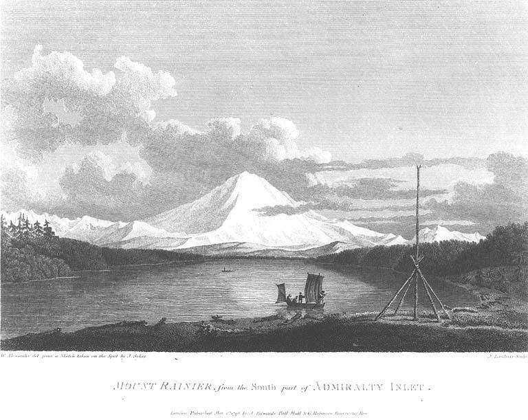 Mount Rainier, from the south part of Admiralty Bay. Engraving from a sketch by J. Sykes, a member of Captain Vancouver’s crew, in 1792.
