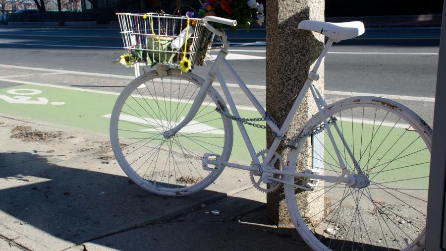 A “ghost bike” memorial in Boston marks where surgeon Anita Kurmann was struck and killed by a truck. 